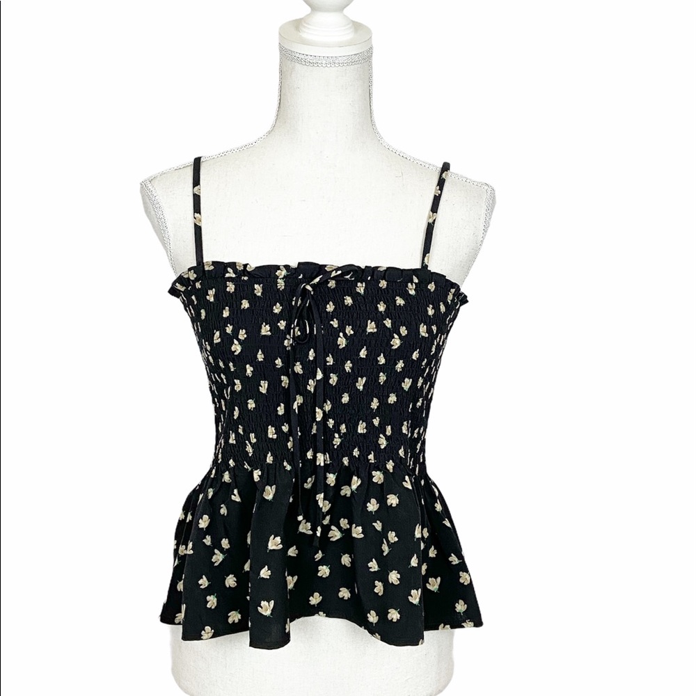 Etophe Studio Black Floral Top Straps Peplum Hem M